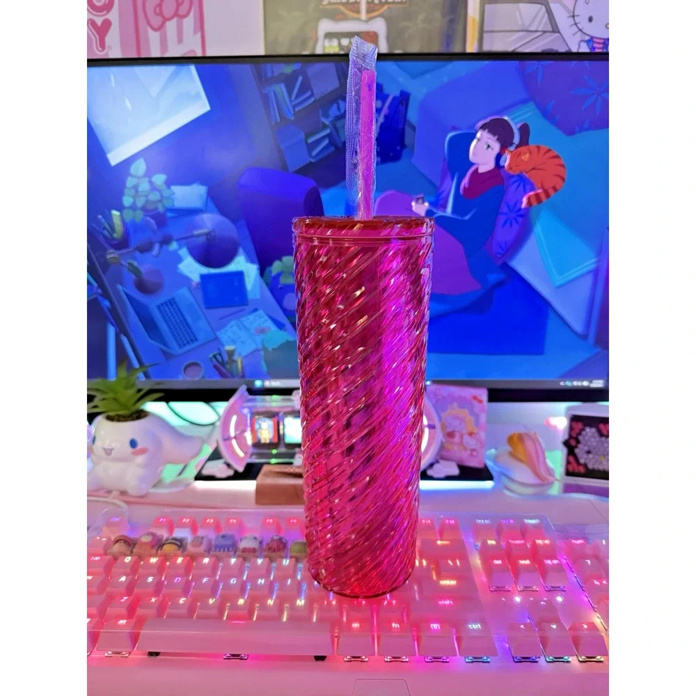 Hello Kitty Swirl Tumbler Lid Straw Shiny Metallic Spiral Plastic Pink Sanrio